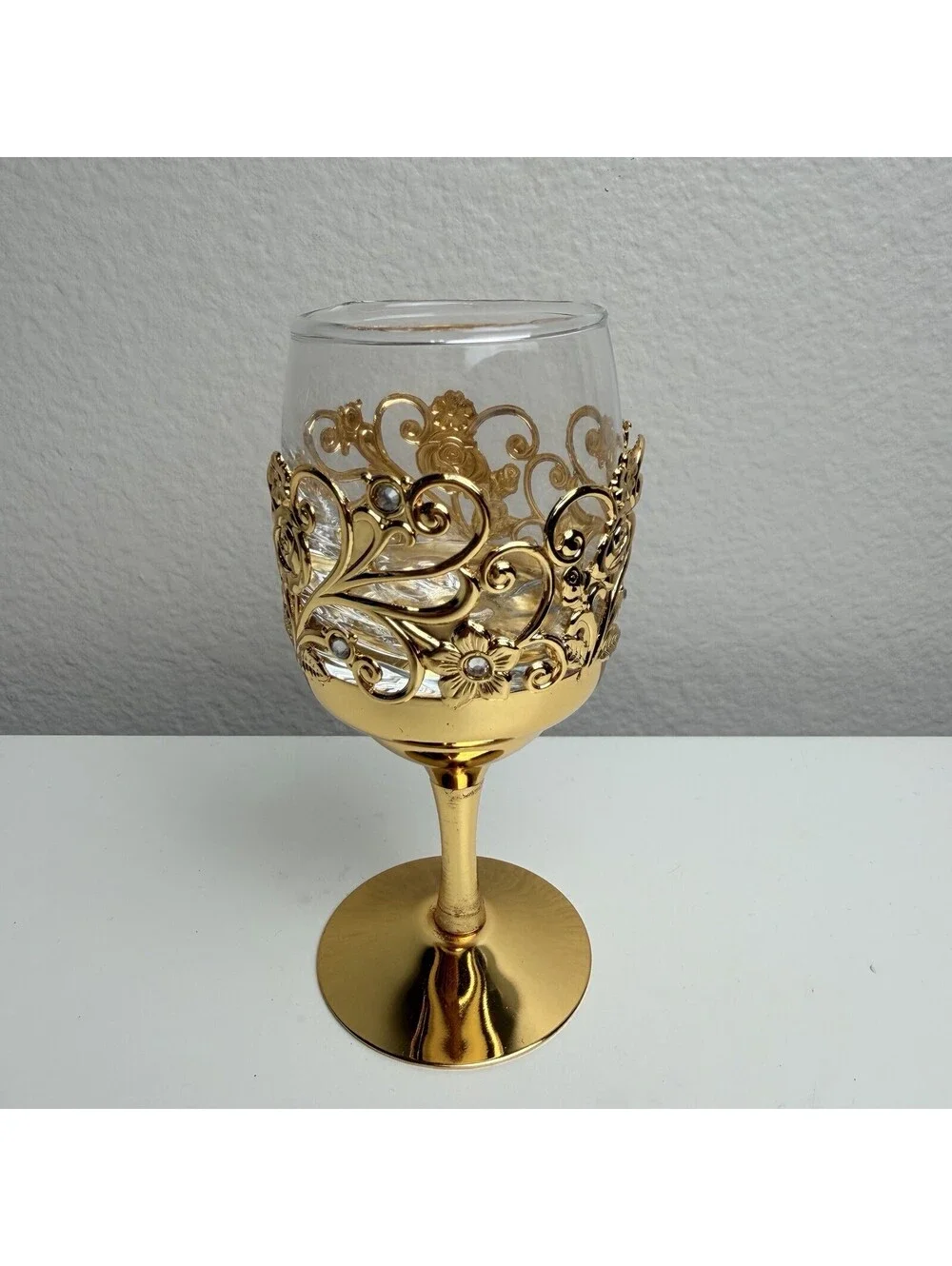 Gold Filigree Rhinestone Wine Goblet Floral Scrollwork Ornate Decorative Glass